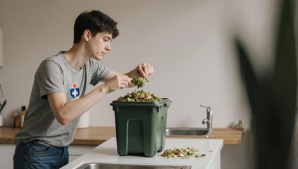 A calm young white adult, in their early 20s, with a medical port visible, meticulously transfers food scraps into a small compost bin on a kitchen countertop, embodying sustainable home practices.