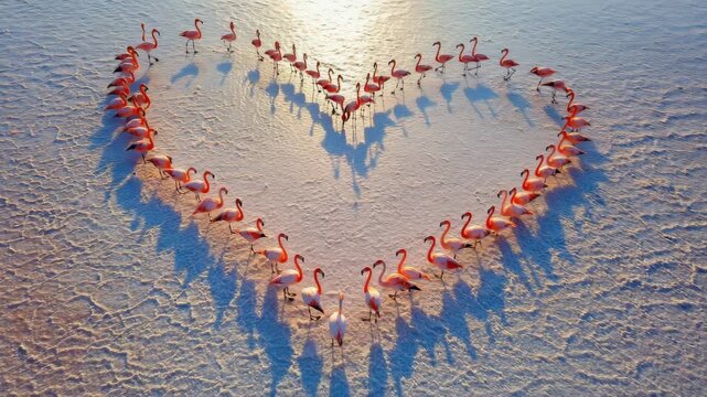 Flock of pink flamingos naturally arranged in a perfect heart shape on the shimmering salt flats during golden hour.