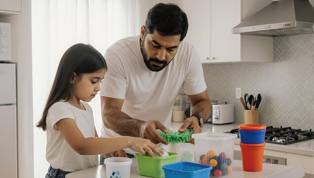 A realistic photograph captures a Hispanic single father meticulously teaching his daughter the process of cleaning and sorting various plastic containers for recycling in their bright kitchen