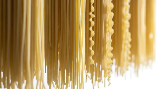 Close up of hanging uncooked spaghetti and various dried pasta shapes against a white background - Powered by Adobe