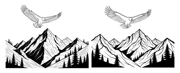 Vector art of majestic mountain range with soaring eagle, a handdrawn illustration, natures beauty captured © MdAll