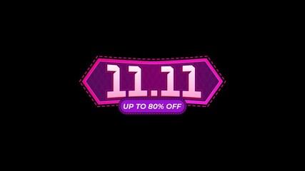 motion graphic animation of 11.11 sale up to 80 percent off text on a transparent background, representing online shopping discounts, e-commerce offers, and global sales event