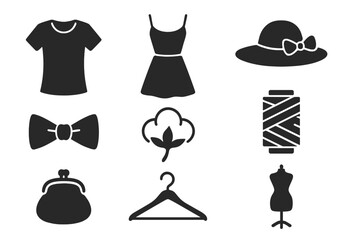 Fashion and garment vector icon set with dress, t-shirt, bow tie, hat with bow, cotton flower, sewing thread spool, purse, hanger, and mannequin silhouette, clothing design symbols
