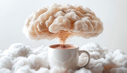 Brain exploding from coffee cup symbolizing mental stimulation