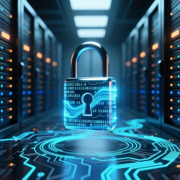 Futuristic glowing digital padlock in secure server room, symbolizing cybersecurity, encryption, and data protection