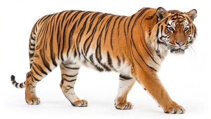 Obraz premium Malayan Tiger with orange coat, black stripes, and muscular body, standing on a clean white studio background, realistic endangered big cat portrait, sharp focus, professional lighting, wildlife photo