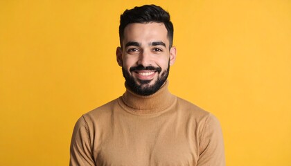 Obraz premium Portrait of a smiling, bearded man on yellow background