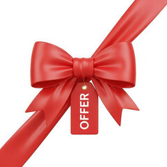 Red ribbon bow with offer tag isolated on transparent background