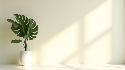 Monstera plant in a white pot with sunlight shadows