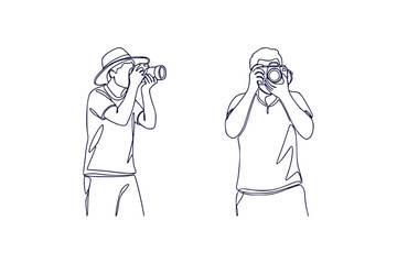 Line Art Capturing Photography Enthusiasts Continuous Line Style Depicting Two Photographers Taking Pictures with Cameras in a Minimalist Composition