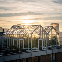 Obraz premium Rooftop greenhouses bathed in the warm glow of a setting sun