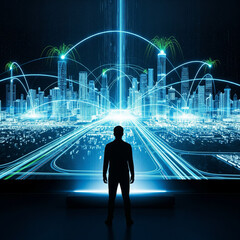 Fototapeta premium The Architect of the Future: A Silhouette Against a Holographic City