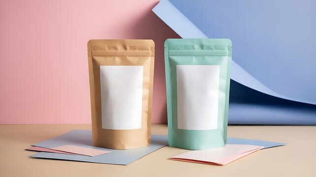 Two blank pouch bags with labels isolated on pink and blue background - Powered by Adobe