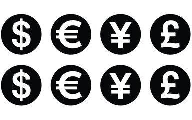 Currency Symbols Icons Set with Label, Dollar, Euro, Pound, Rupee, Franc, Ruble, Yen, Won, Black and White Vector Illustration, Money and Finance Icon Collection, Banking and Economic Design Elements.