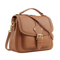 Brown leather satchel bag isolated on transparent background