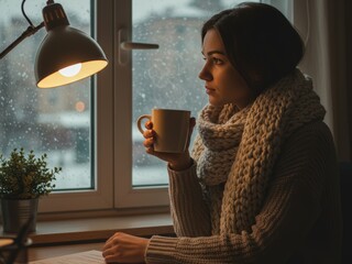 A pensive woman in a cozy scarf sips a steaming mug, gazing out a window at the rainy/snowy weather, illuminated by a warm desk lamp.