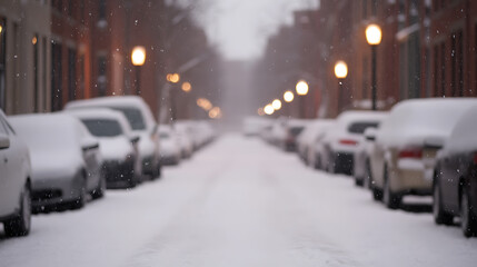 Snowy city street: Cars lined up covered in snow, street lamps glowing, a blurred scene of winter in town.