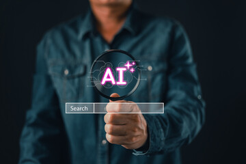 A person holds a magnifying glass focusing on a glowing AI symbol above a search bar, representing artificial intelligence discovery, digital innovation, and technology research exploration.