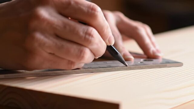 Expert adult hands precisely drawing on a light wood panel with a graphite pencil and metal square in ECU. Warm golden light, blurred woodworking tools. Ambiance of skillful craftsmanship