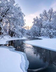 Winter landscape of a snow-covered river and trees