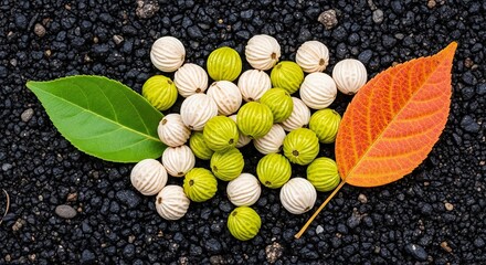 Autumnal arrangement of small fruits and leaves on dark textured surface