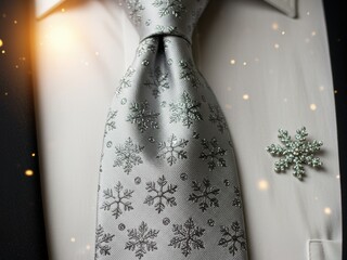 A silver snowflake-patterned tie on a white shirt, accompanied by a sparkling snowflake brooch and festive golden bokeh lights.