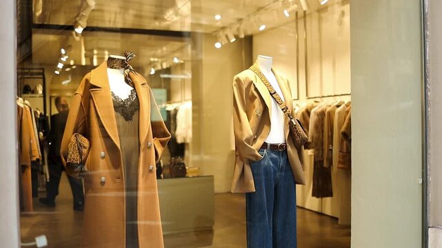 Showcase of a fashionable clothing store in Rome, Italy with mannequins dressed in elegant coats and accessories. Perfect editorial footage illustrating urban fashion, European lifestyle, and shopping