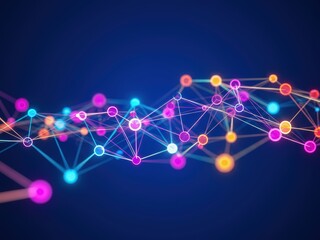 A vibrant, abstract digital network featuring glowing multi-colored nodes connected by lines against a dark blue background, symbolizing data and connection.