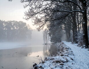 Wintery scene of a lake surrounded by snowy trees