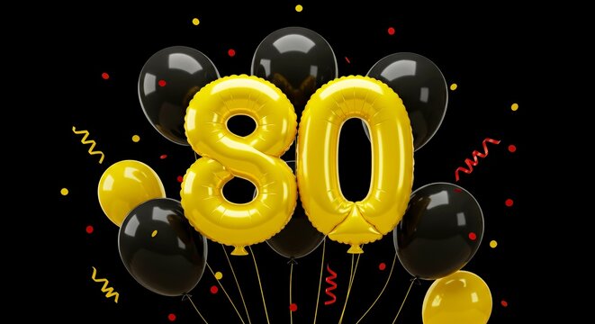 80th birthday celebration with black and gold balloons on black background   - Powered by Adobe