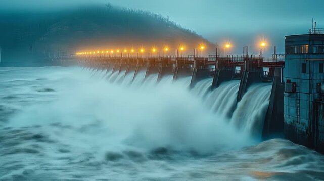 Powerful dam gates releasing vast water, creating mist, illuminated by glowing golden lights