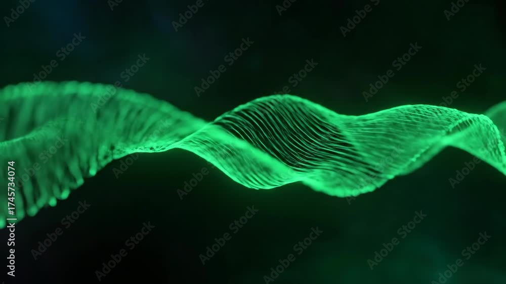 Sticker seamlessly looping dynamic green energy wave gently pulsing and shifting across a dark, abstract bac