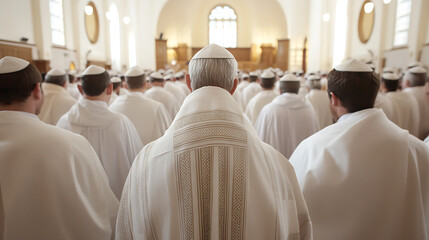 Gathered congregation in white robes, celebrating a ceremony in a sunlit sanctuary, unified in faith and heritage, with a traditional sense of community.