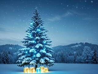 A snow-covered Christmas tree with glowing blue lights and radiant gift boxes beneath, set in a peaceful winter forest scene with falling snow.