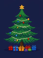A festive pixel art Christmas tree, adorned with colorful ornaments, lights, and a star, with wrapped gifts beneath it on a dark background.