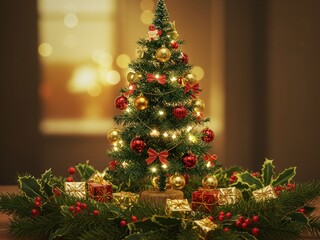 A beautifully decorated Christmas tree, adorned with red and gold ornaments, lights, and bows, surrounded by festive holly, pine, berries, and mini gifts.