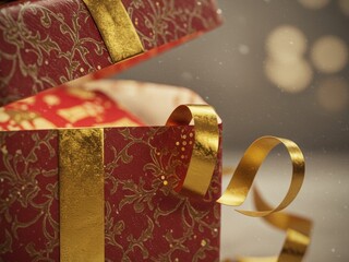 A festive red gift box with gold patterns is partially open, with a golden ribbon uncurling against a blurred background of bokeh lights and subtle particles.