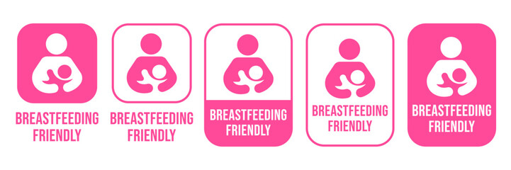 Naklejka na ściany i meble Breastfeeding icon set. Breastfeeding Friendly label. Baby care symbol. Mother and baby icons. Breastfeeding logo, badge, symbol, black, line, flat vector, isolated illustration. Naklejka na ściany i meble Breastfeeding icon set. Breastfeeding Friendly label. Baby care symbol. Mother and baby icons. Breastfeeding logo, badge, symbol, black, line, flat vector, isolated illustration.