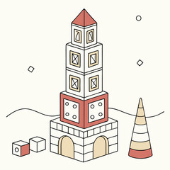 This vintage vector illustration captures an old, snow-covered castle on a hill, overlooking a European town with street architecture