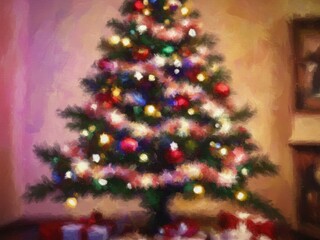 Painterly rendition of a festive Christmas tree decorated with glowing lights and ornaments, surrounded by wrapped presents, capturing holiday cheer.