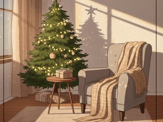 A cozy Christmas scene with a decorated tree, a gift on a side table, and an armchair with a plaid blanket, bathed in warm sunlight.