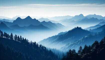 Mountain Vista: A breathtaking panorama unveils a chain of majestic mountains, shrouded in an ethereal blue mist, creating a sense of peace and the immense scale of nature. Ai generated image