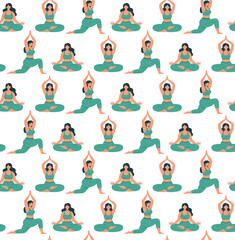 Obraz premium Seamless pattern with body positive women doing yoga. Background of plus size sporty girls