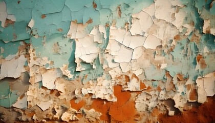 Naklejka premium Weathered Walls: A close-up of a wall showcases the beautiful, textured surface created by flaking paint, which tells a story of time, revealing layers of color and age. Ai generated image
