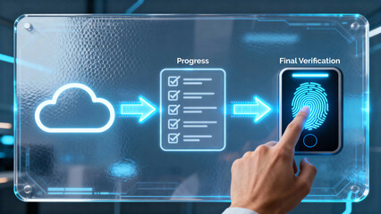 Human finger verifying digital data security with a glowing fingerprint scan on a futuristic transparent screen, illustrating cloud computing progress and biometric authentication.