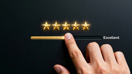 Human hand sliding a golden rating bar to select excellent five-star feedback, symbolizing top quality service, review, and customer satisfaction.