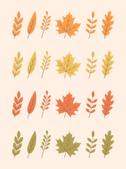 Set of autumn leaves of different colors. Flat vector illustration