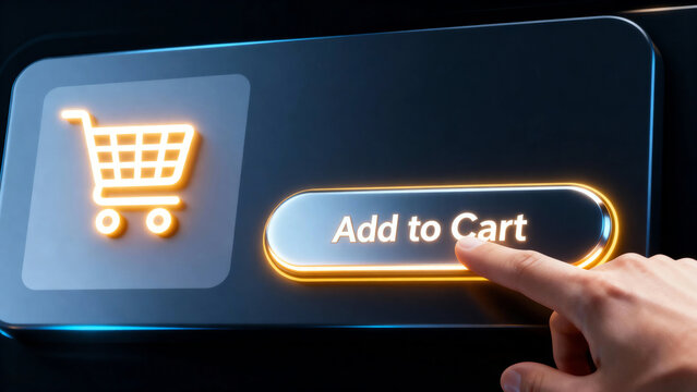 Human finger taps glowing "Add to Cart" button on a modern digital interface with a shopping cart icon, symbolizing online shopping. - Powered by Adobe