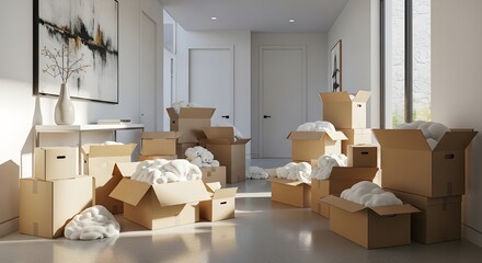 Moving into a new home excitement with cardboard boxes filled with belongings in a bright modern house, starting fresh and making memories