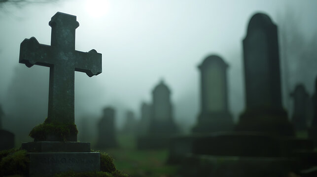 Graveyard cross emerges from the mist. Ancient stone markers fade into the distance. Fog shrouds the forgotten.